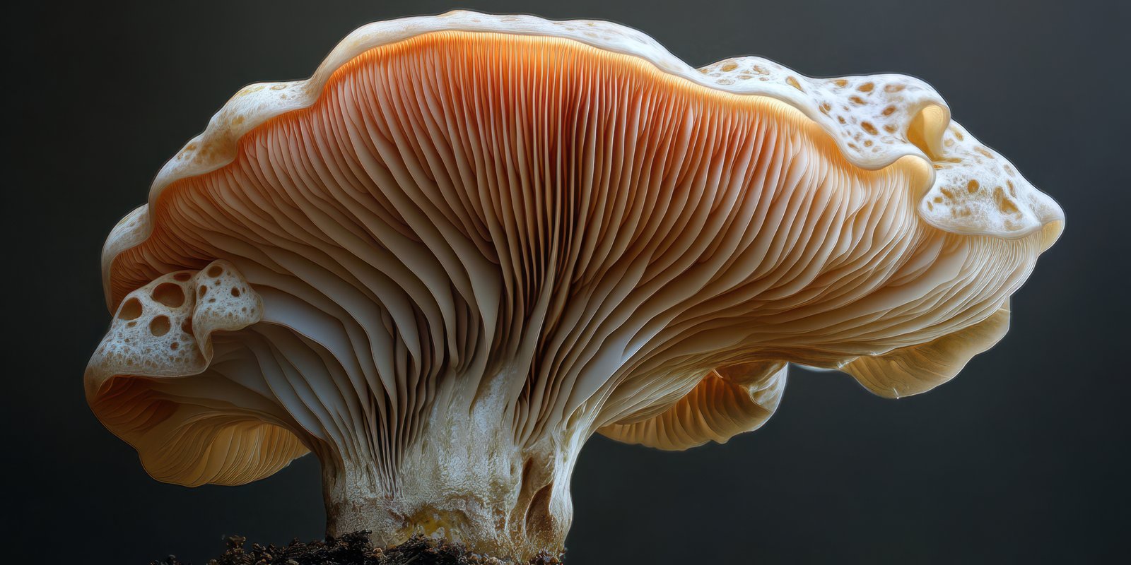 Unique mushroom with intricate gills found in a forest during late autumn afternoon